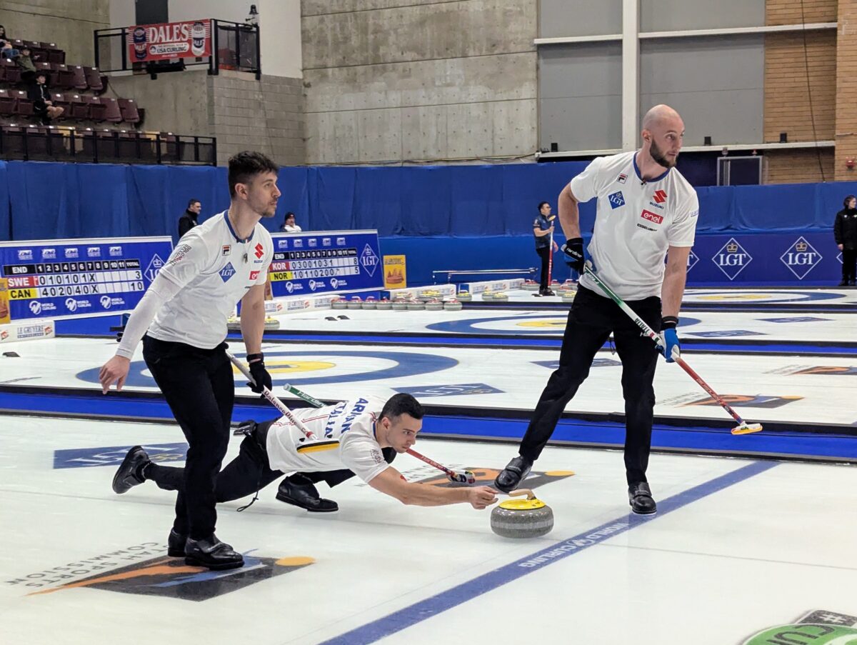 Italy's Sebastiano Arman delivers the rock in a game against Czechia at the 2026 World Men's Curling Championship in Ogden, Utah, on Tuesday, March 31, 2026. (Ryan Olson, Standard-Examiner)